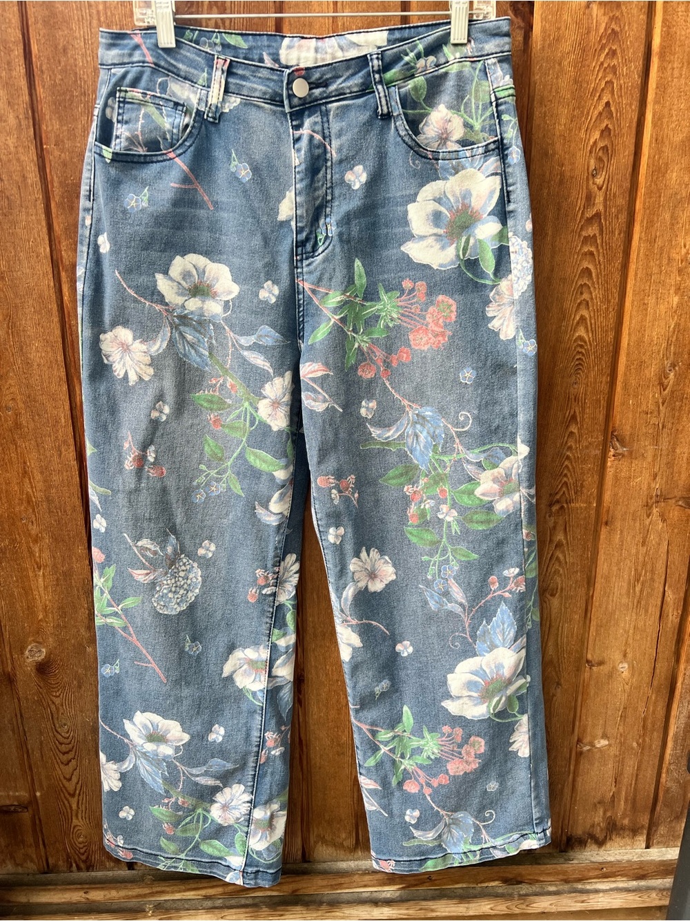 Floral Print High Rise Straight Leg Jeans Size XL Blue Stretch Denim